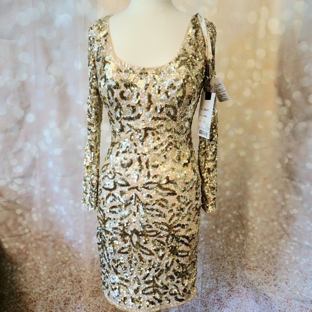 Mac Duggal Nude Sequin Full Sleeve Dress